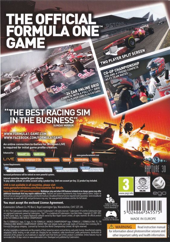 Back Cover for F1 2011 (Windows)