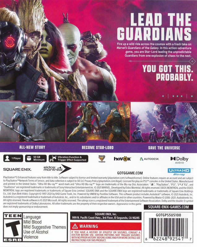 Back Cover for Marvel Guardians of the Galaxy (PlayStation 5)