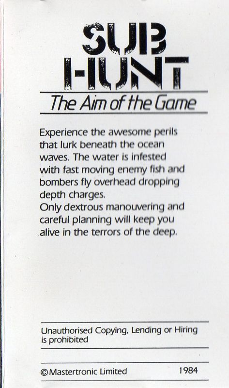 Inside Cover for Sub Hunt (Commodore 64)
