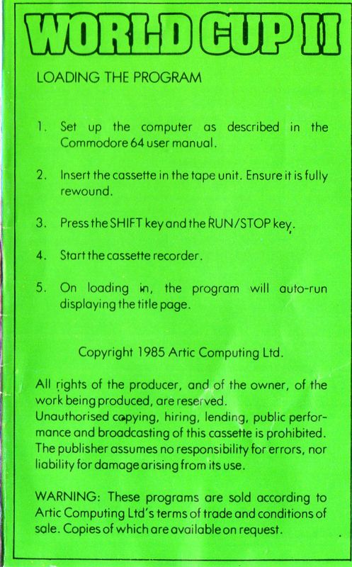 Inside Cover for World Cup (Commodore 64)