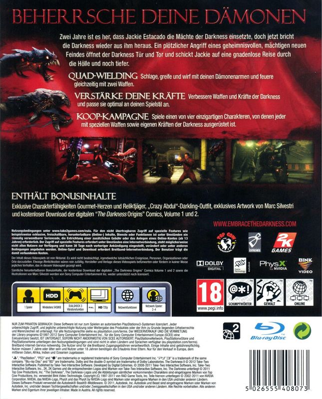 Back Cover for The Darkness II (Limited Edition) (PlayStation 3)