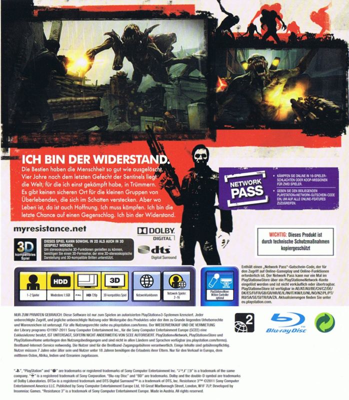 Inside Cover for Resistance 3 (PlayStation 3): Back of Flip Cover