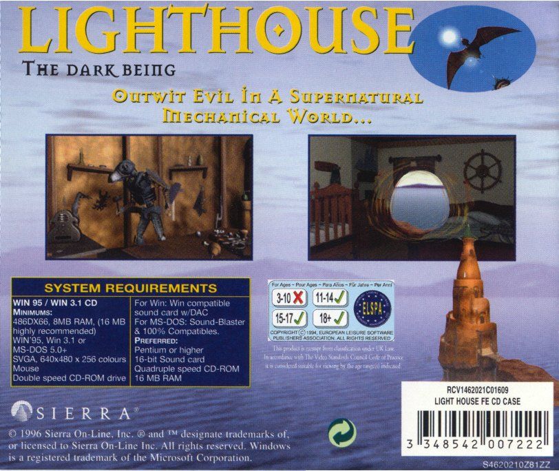 Front Cover for Lighthouse: The Dark Being (DOS and Windows and Windows 3.x) (Sierra Originals Release): Jewel Case - Back