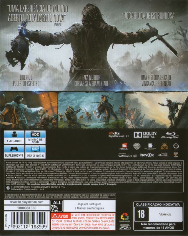 Back Cover for Middle-earth: Shadow of Mordor (PlayStation 4)