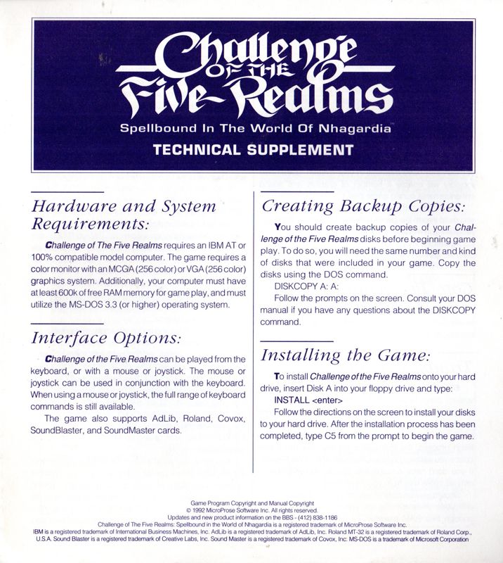 Reference Card for Challenge of the Five Realms (DOS)