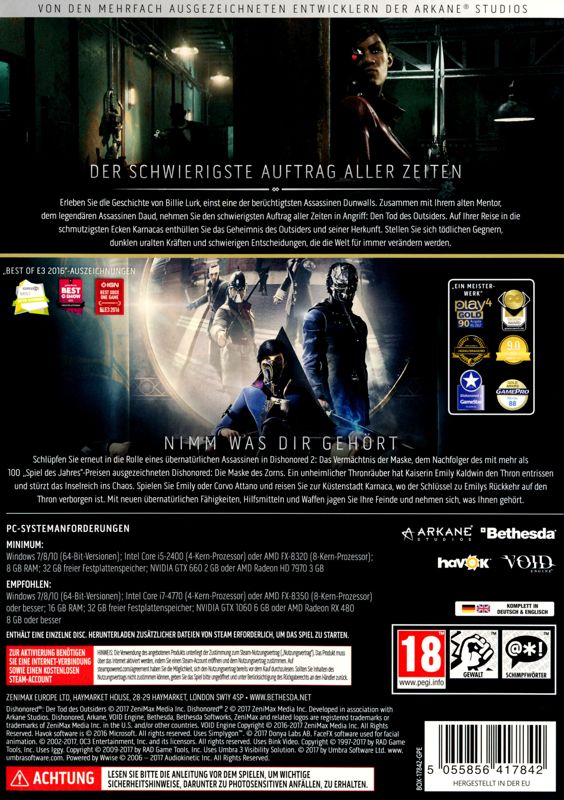 Back Cover for Dishonored: Der Tod des Outsiders - Double Feature (Windows)