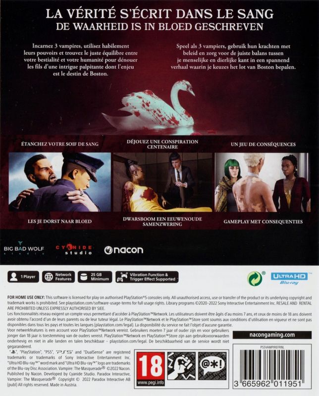 Back Cover for Vampire: The Masquerade - Swansong (PlayStation 5)