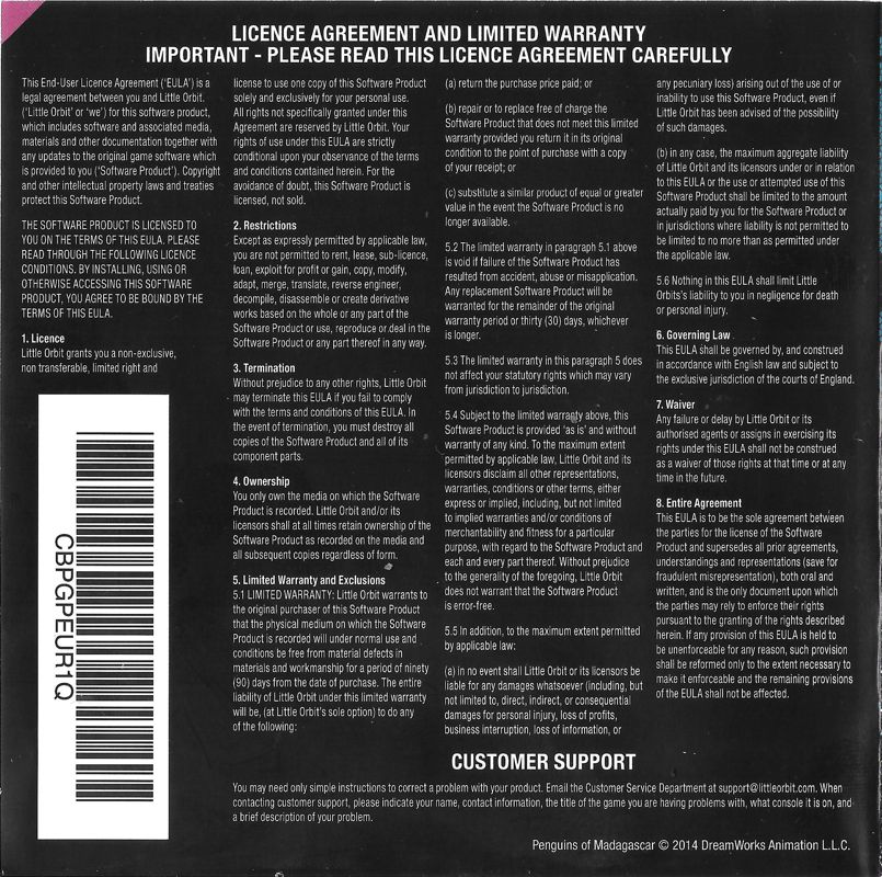 Manual for DreamWorks Penguins of Madagascar (Nintendo 3DS): Back