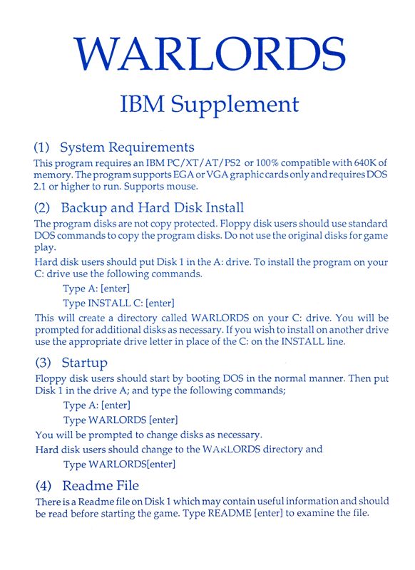 Other for Warlords (DOS) (5.25" Disk Version): IBM Supplement - Front