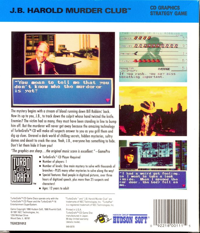 Back Cover for Murder Club (TurboGrafx CD)