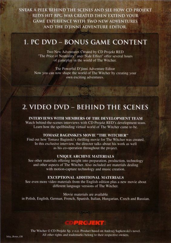 Extras for The Witcher: Enhanced Edition (Windows): Bonus DVD Case - Back