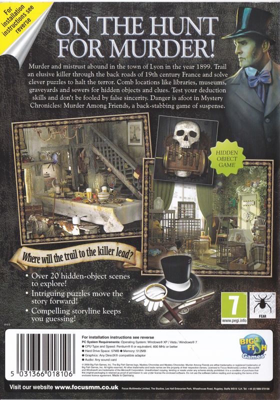 Back Cover for Mystery Chronicles: Murder Among Friends (Windows) (Focus Multimedia release)