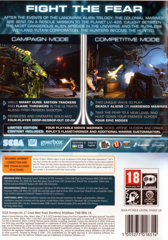 Back Cover for Aliens: Colonial Marines (Limited Edition) (Windows)