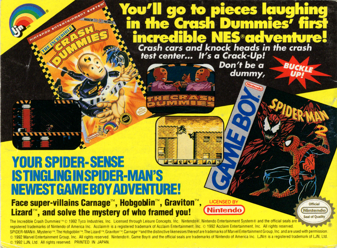 Manual for The Incredible Crash Dummies (Game Boy): Back
