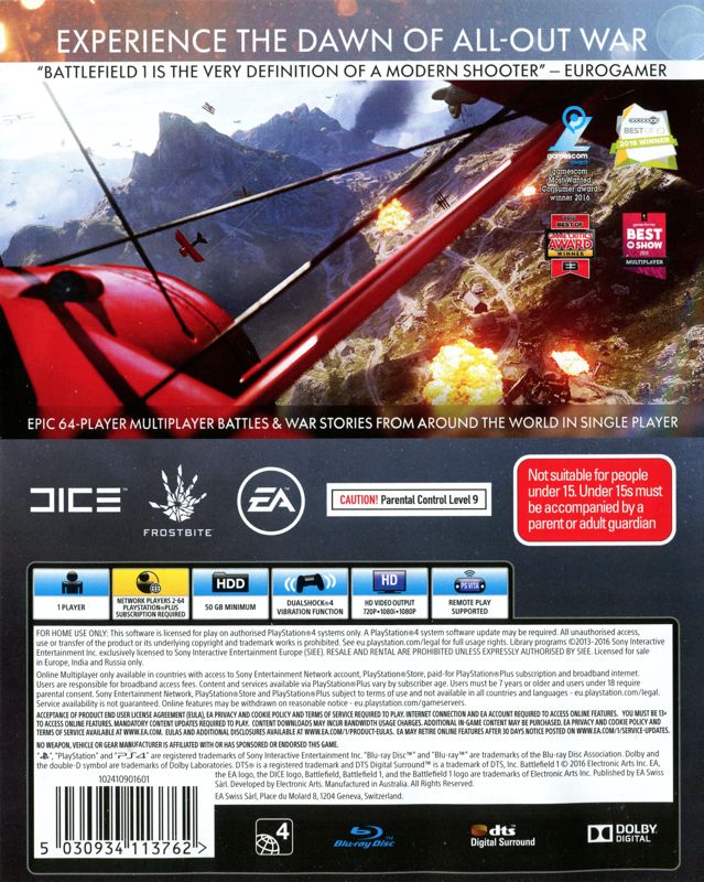 Back Cover for Battlefield 1 (PlayStation 4)