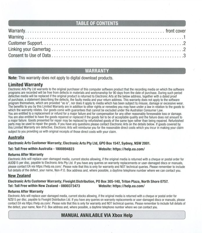 Extras for Mass Effect: Andromeda (Xbox One): Warranty information flyer - front