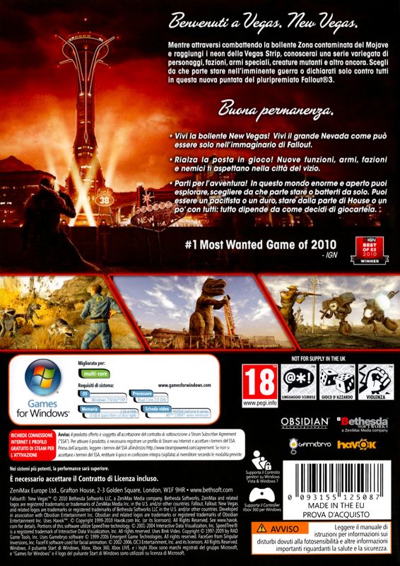 Back Cover for Fallout: New Vegas (Windows)