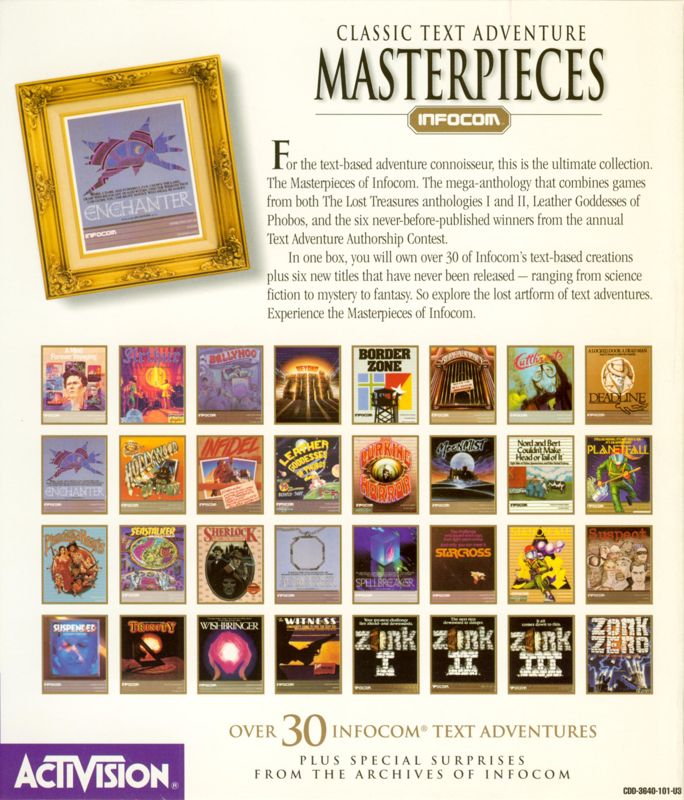 Back Cover for Classic Text Adventure Masterpieces (DOS and Macintosh)