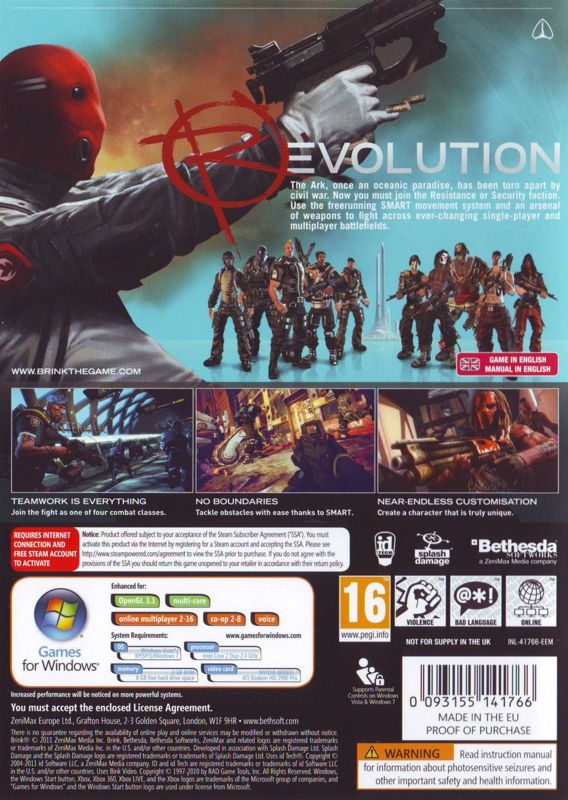 Back Cover for Brink (Windows) (General European release)