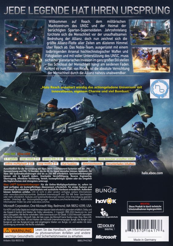 Back Cover for Halo: Reach (Xbox 360)