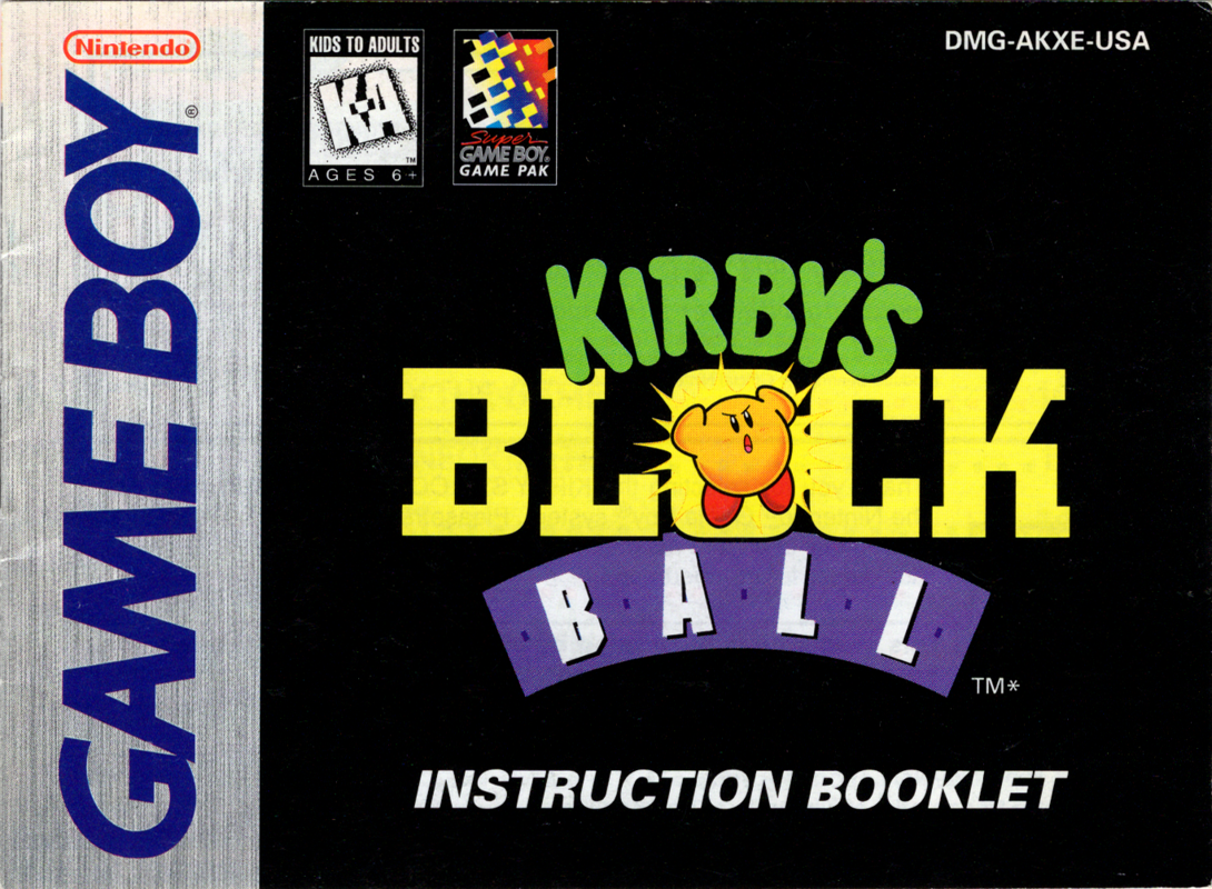 Manual for Kirby's Block Ball (Game Boy): Front