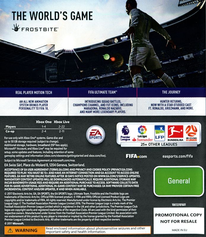 Back Cover for FIFA 18 (Xbox One) (Promotional copy)