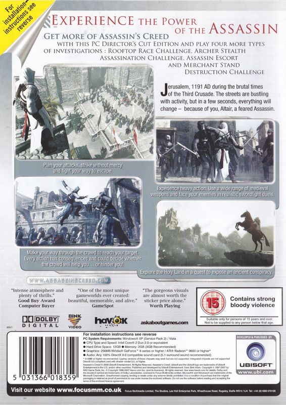 Back Cover for Assassin's Creed (Director's Cut Edition) (Windows) (Focus Multimedia / Ubisoft eXclusive release)