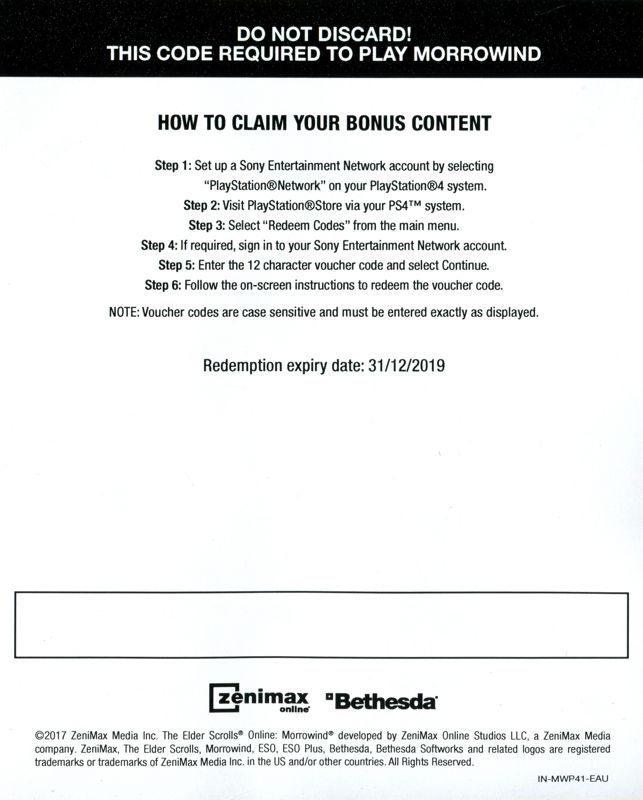 Other for The Elder Scrolls Online: Morrowind (PlayStation 4): Game code - back