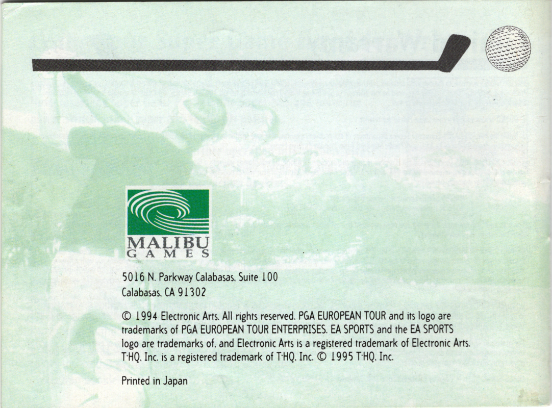 Manual for PGA European Tour (Game Boy): Back