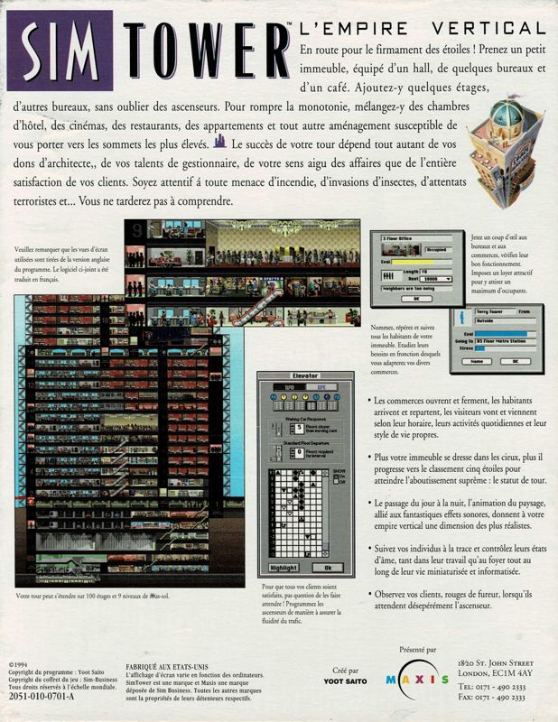 Back Cover for SimTower: The Vertical Empire (Windows 3.x) (Complete French Version)
