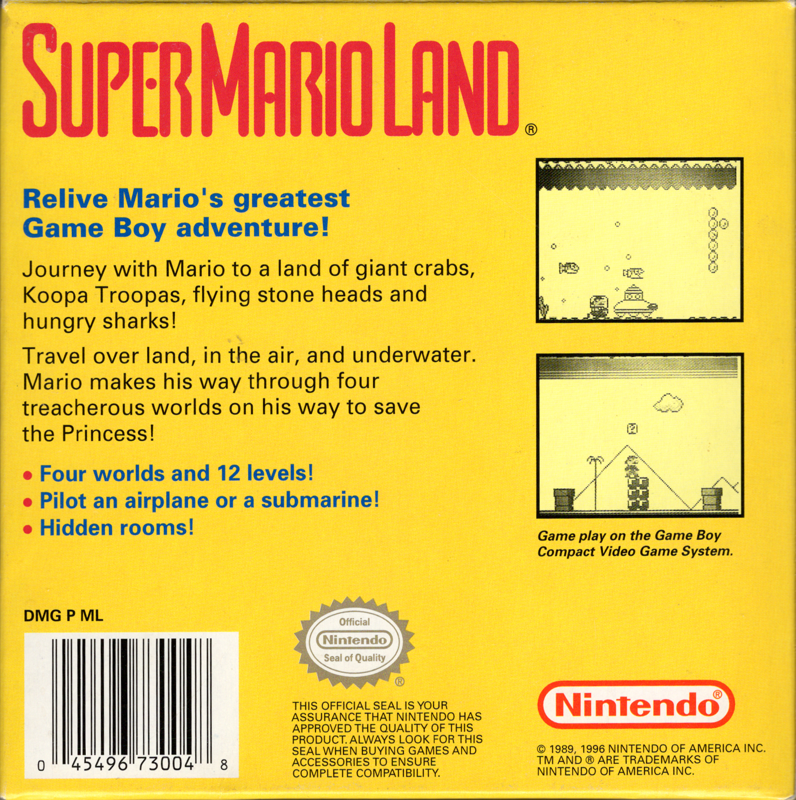 Back Cover for Super Mario Land (Game Boy) (Player's Choice release)