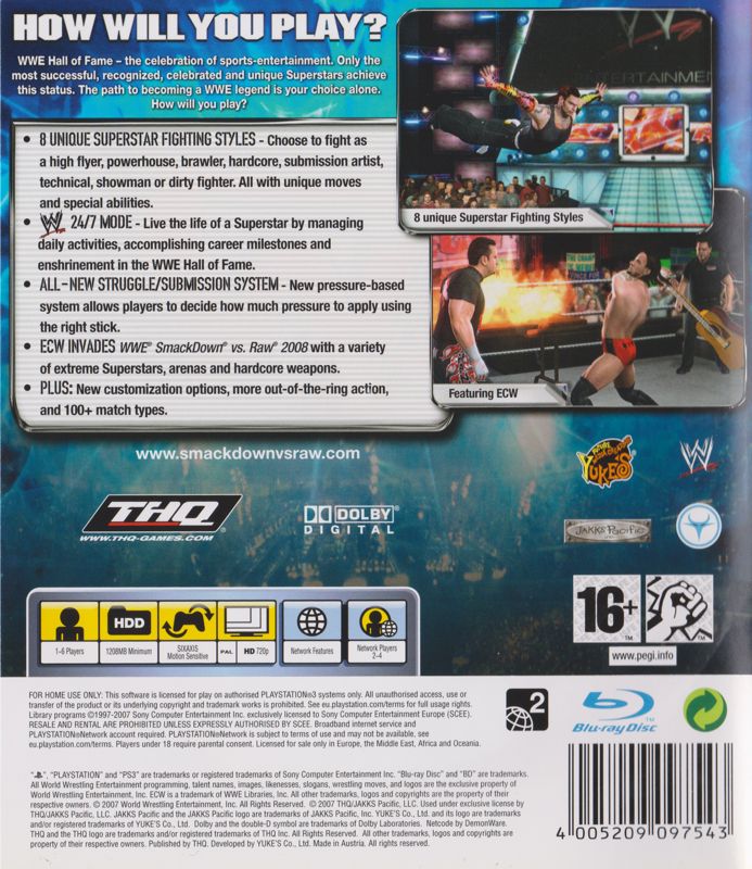 Back Cover for WWE Smackdown vs. Raw 2008 (PlayStation 3)