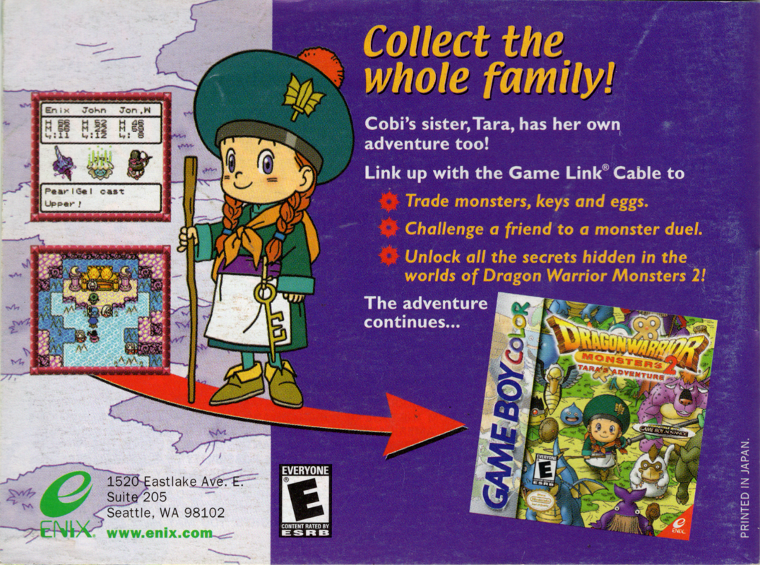 Manual for Dragon Warrior Monsters 2: Cobi's Journey (Game Boy Color): Back
