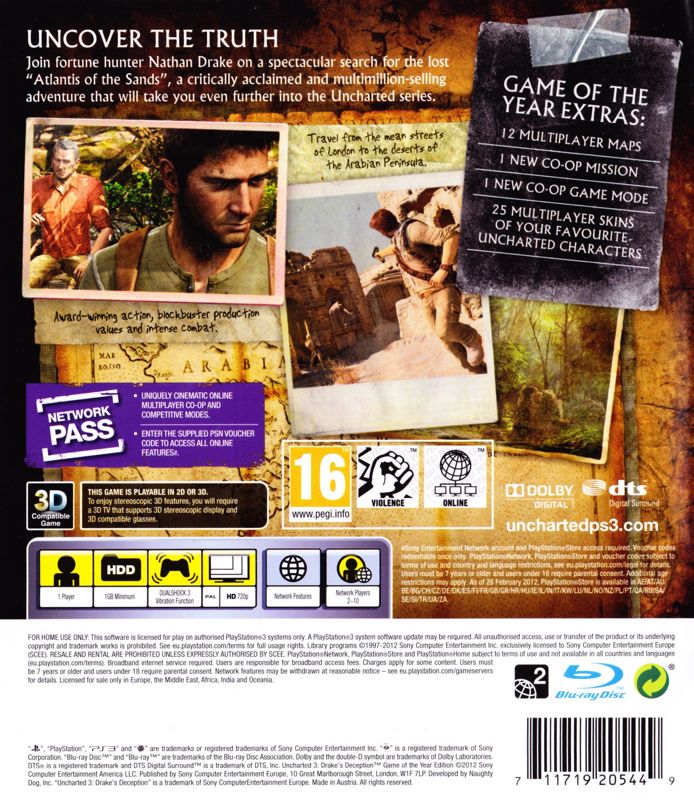 Back Cover for Uncharted 3: Drake's Deception - Game of the Year Edition (PlayStation 3)