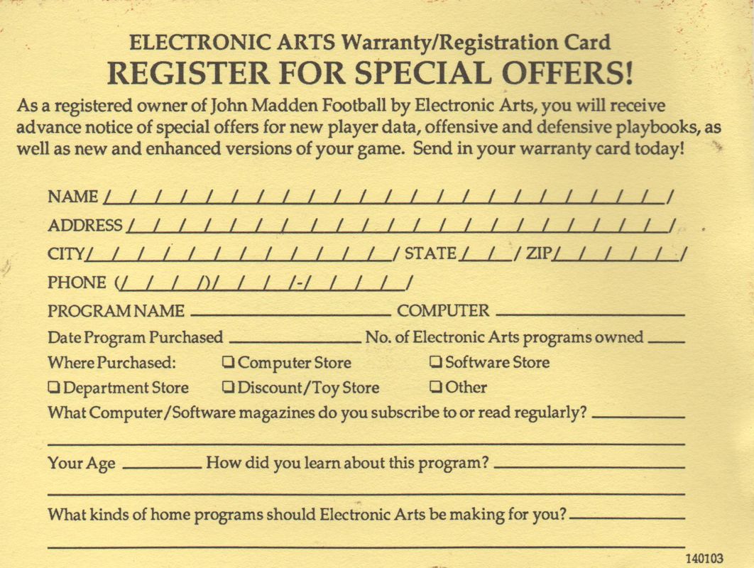 Extras for John Madden Football (Commodore 64): Warranty Card - Back