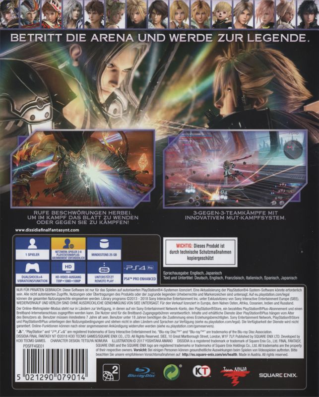 Back Cover for Dissidia: Final Fantasy NT (PlayStation 4)
