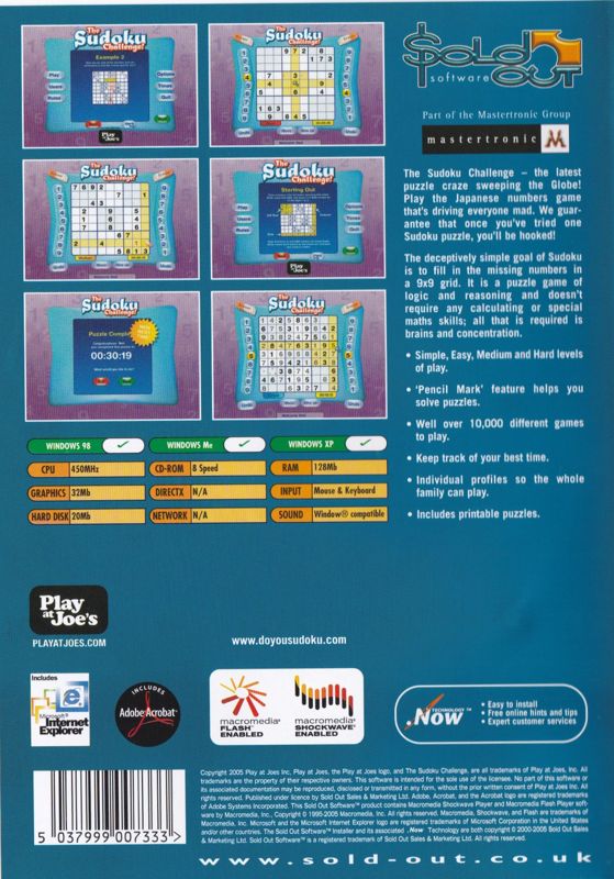 Back Cover for The Sudoku Challenge! (Windows) (Sold Out Software release)