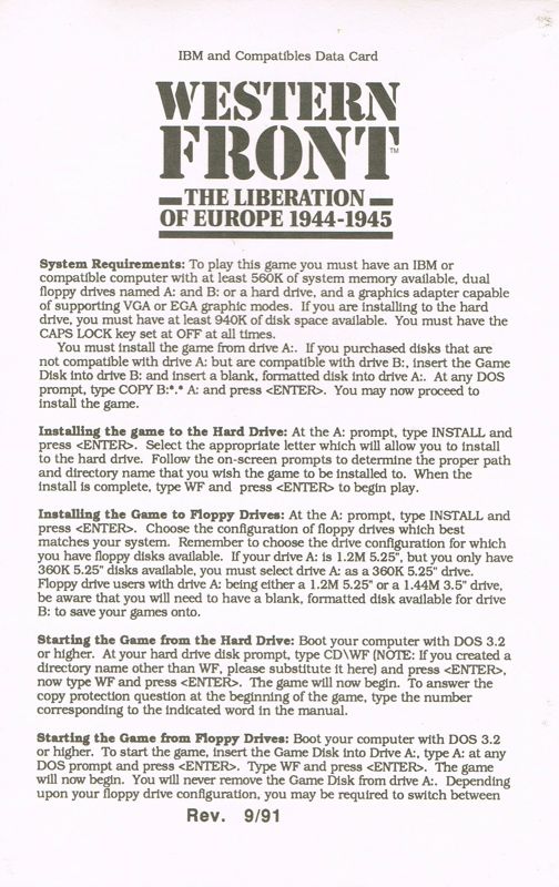Extras for Western Front: The Liberation of Europe 1944-1945 (DOS) (3.5" Floppy Disk release): IBM Data Card - Front