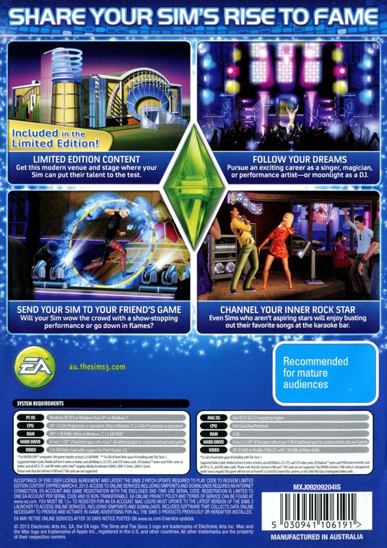 Back Cover for The Sims 3: Showtime (Limited Edition) (Macintosh and Windows)