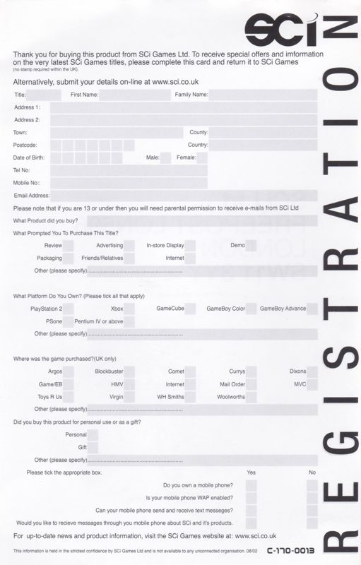 Extras for Gumball 3000 (PlayStation 2): Registration Card: Back