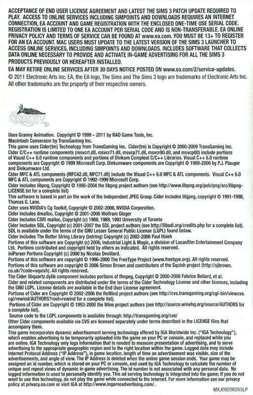 Extras for The Sims 3: Town Life Stuff (Macintosh and Windows): Warranty booklet - back