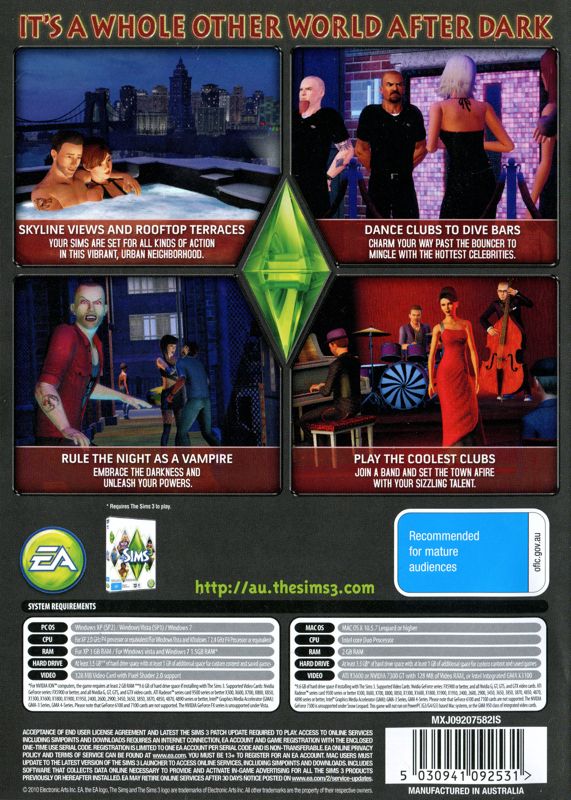 Back Cover for The Sims 3: Late Night (Macintosh and Windows)