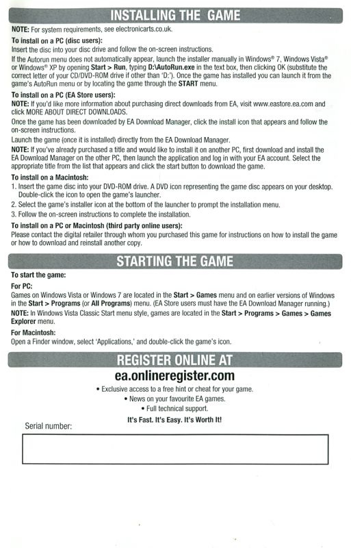 Extras for The Sims 3: Supernatural (Macintosh and Windows): Warranty booklet - front