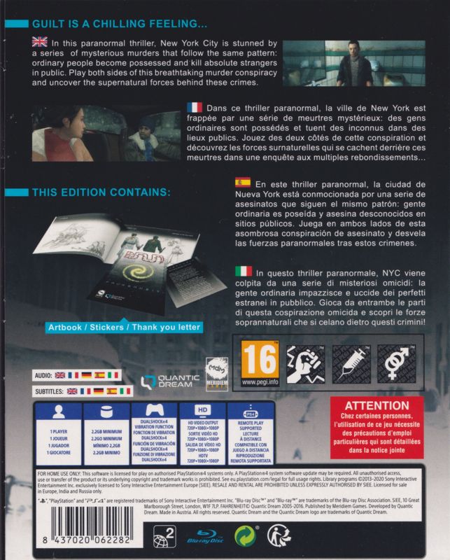 Back Cover for Fahrenheit: 15th Anniversary Edition (PlayStation 4)