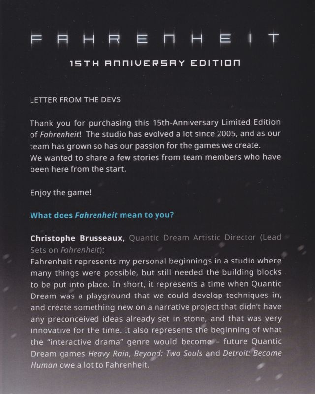 Extras for Fahrenheit: 15th Anniversary Edition (PlayStation 4): Letter from the Devs - Front