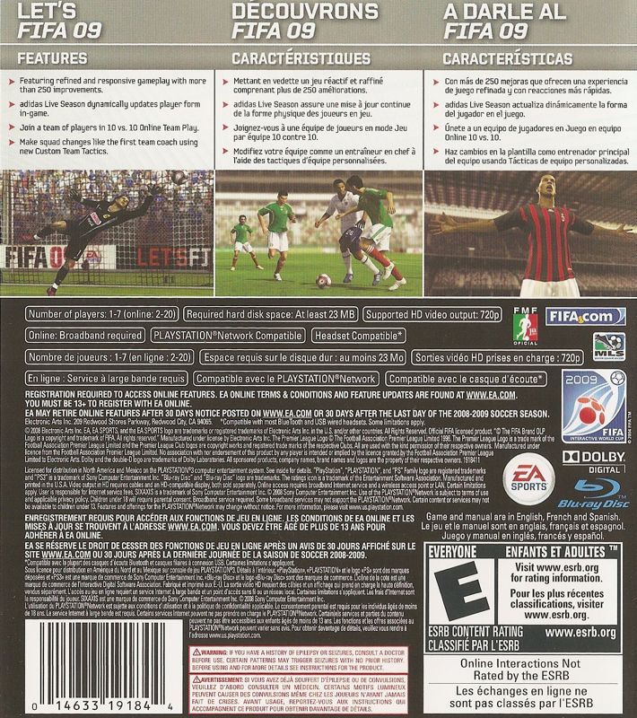 Back Cover for FIFA Soccer 09 (PlayStation 3)