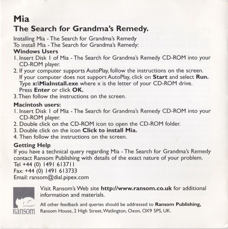 Inside Cover for Mia's Big Adventure Collection: The Search for Grandma's Remedy (Macintosh and Windows): Left