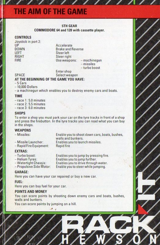 Inside Cover for 5th Gear (Commodore 64)