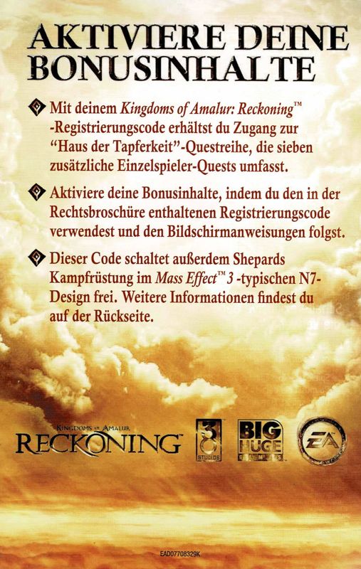 Advertisement for Kingdoms of Amalur: Reckoning (Windows) (EA value games release): Bonus Content - Front