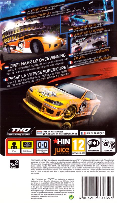 Back Cover for Juiced 2: Hot Import Nights (PSP) (PSP Essentials release)